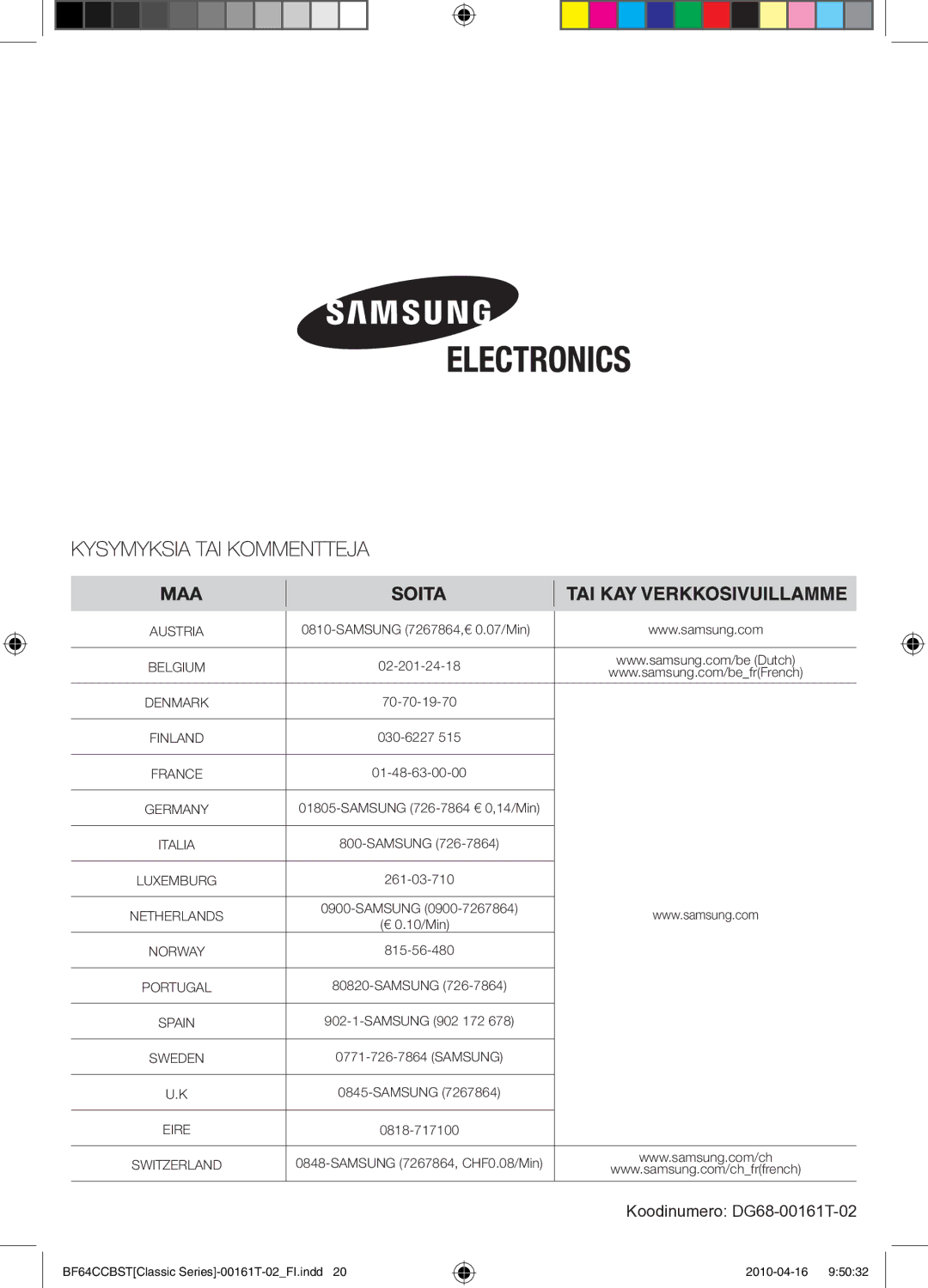 Samsung BF64CCBW/XEE manual Koodinumero DG68-00161T-02 