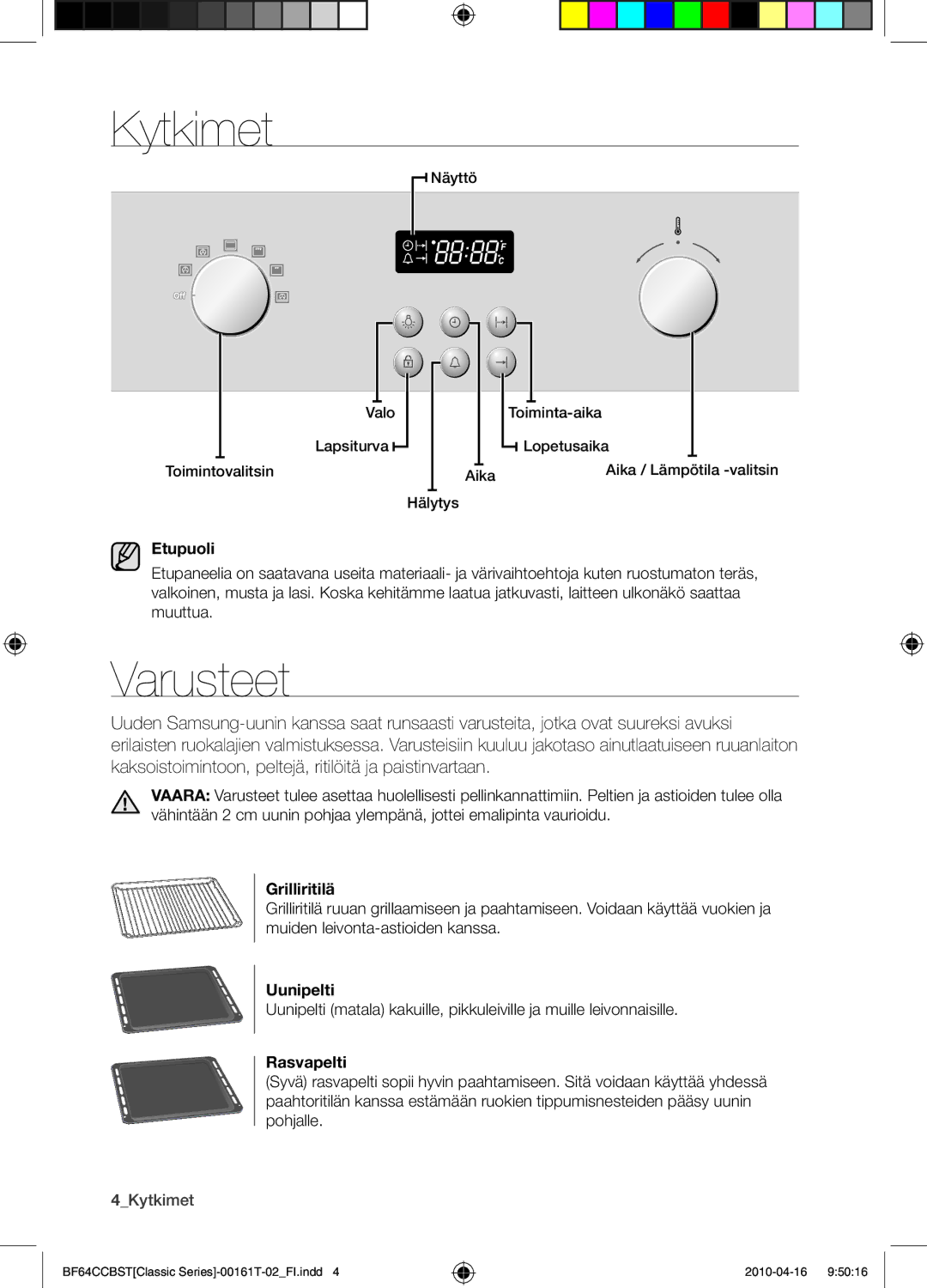 Samsung BF64CCBW/XEE manual Kytkimet, Varusteet 