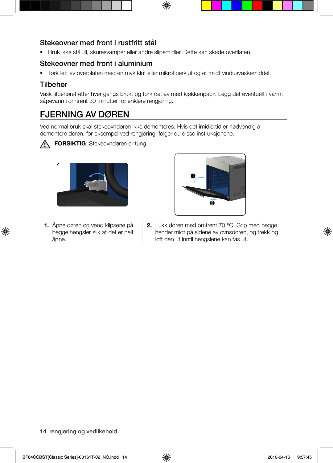 Samsung BF64CCBW/XEE Fjerning av døren, Stekeovner med front i rustfritt stål, Stekeovner med front i aluminium, Tilbehør 