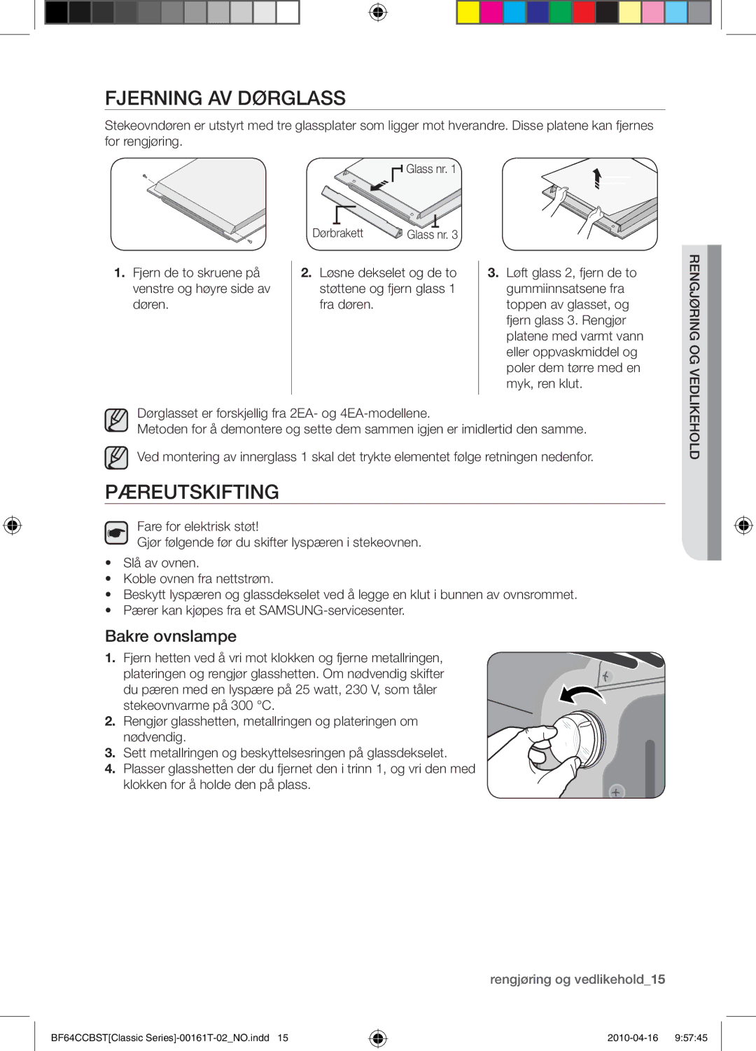 Samsung BF64CCBW/XEE manual Fjerning av dørglass, Pæreutskifting, Bakre ovnslampe 