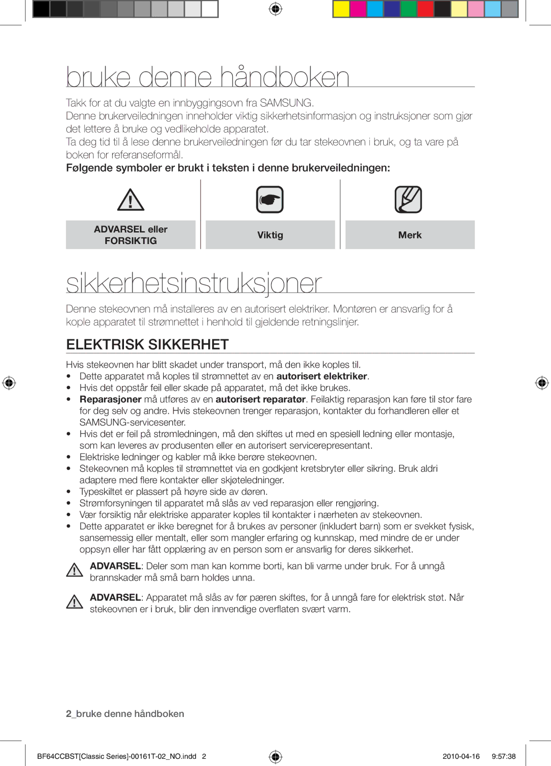 Samsung BF64CCBW/XEE manual Bruke denne håndboken, Sikkerhetsinstruksjoner, Elektrisk sikkerhet, Viktig Merk 