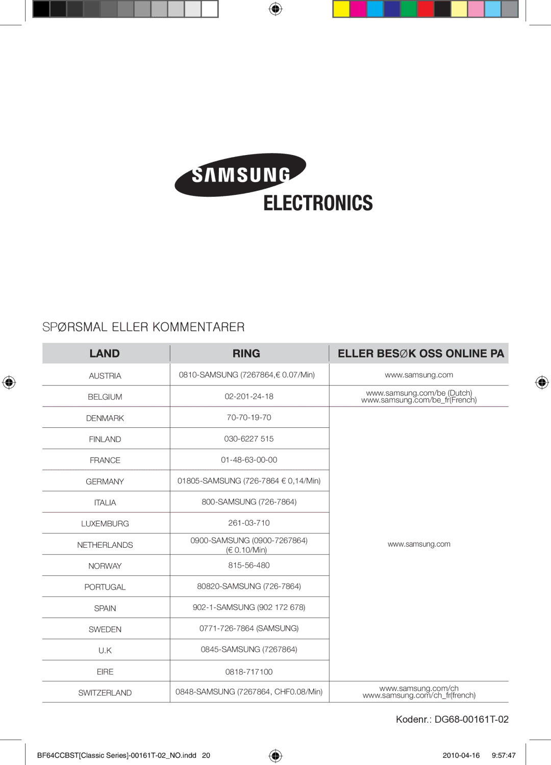 Samsung BF64CCBW/XEE manual Kodenr. DG68-00161T-02 