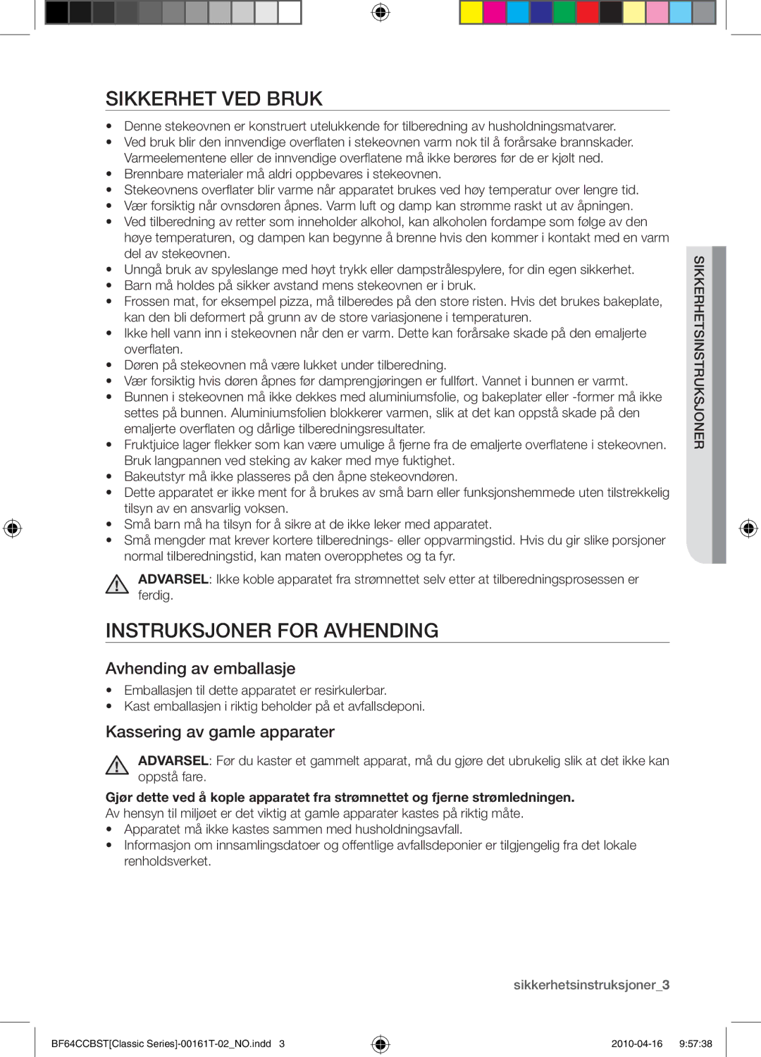 Samsung BF64CCBW/XEE manual Sikkerhet ved bruk, Instruksjoner for avhending, Avhending av emballasje 