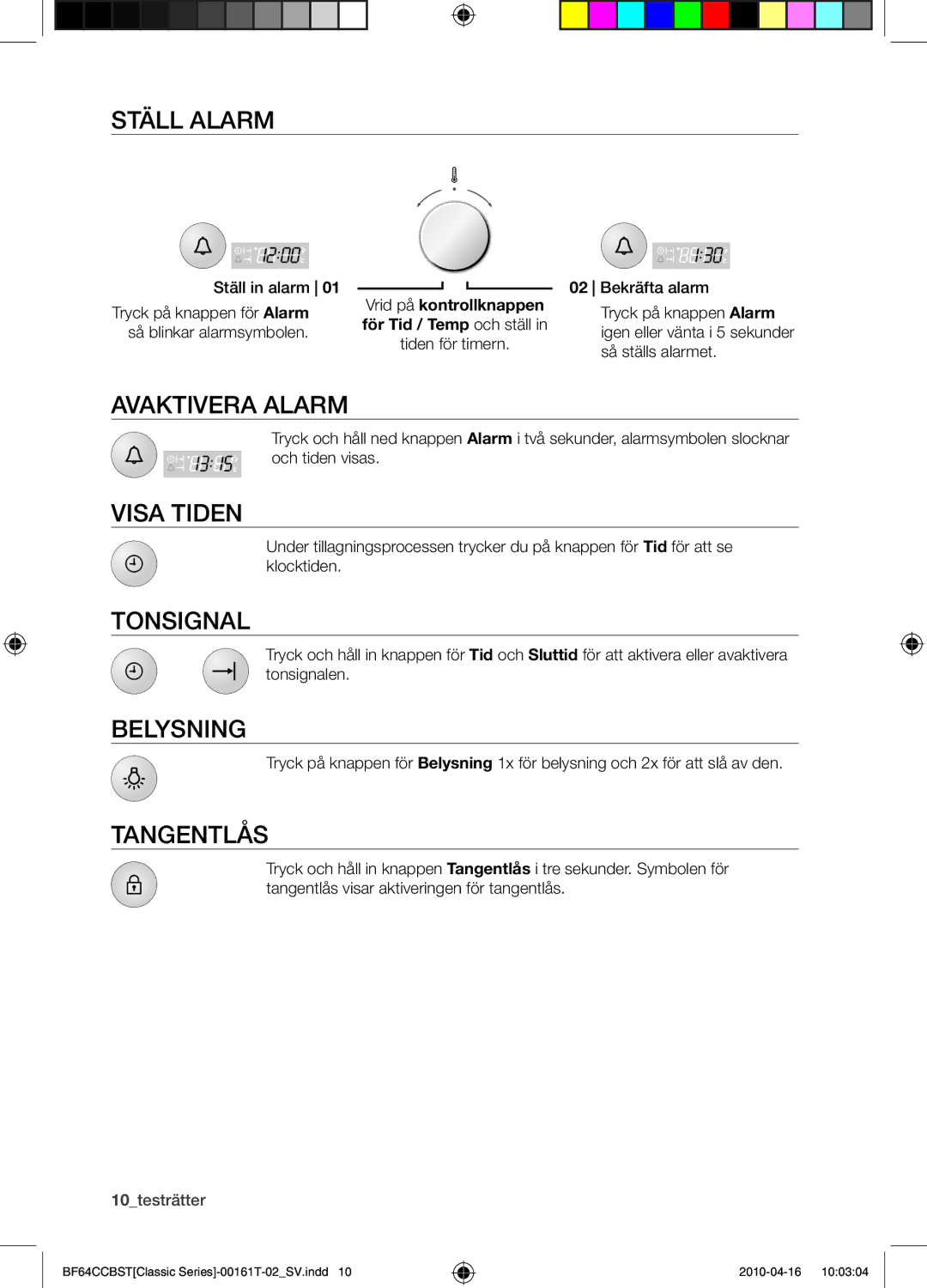 Samsung BF64CCBW/XEE manual Ställ alarm, Avaktivera alarm, Visa tiden, Tonsignal, Belysning, Tangentlås 