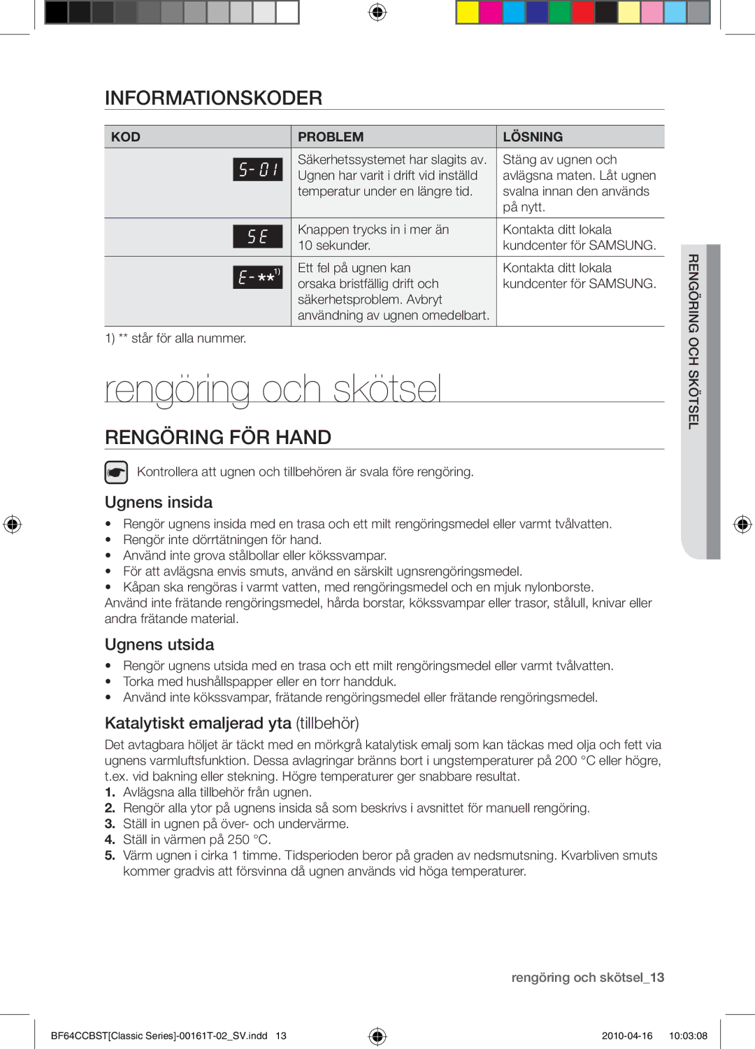 Samsung BF64CCBW/XEE manual Rengöring och skötsel, Informationskoder, Rengöring för hand 