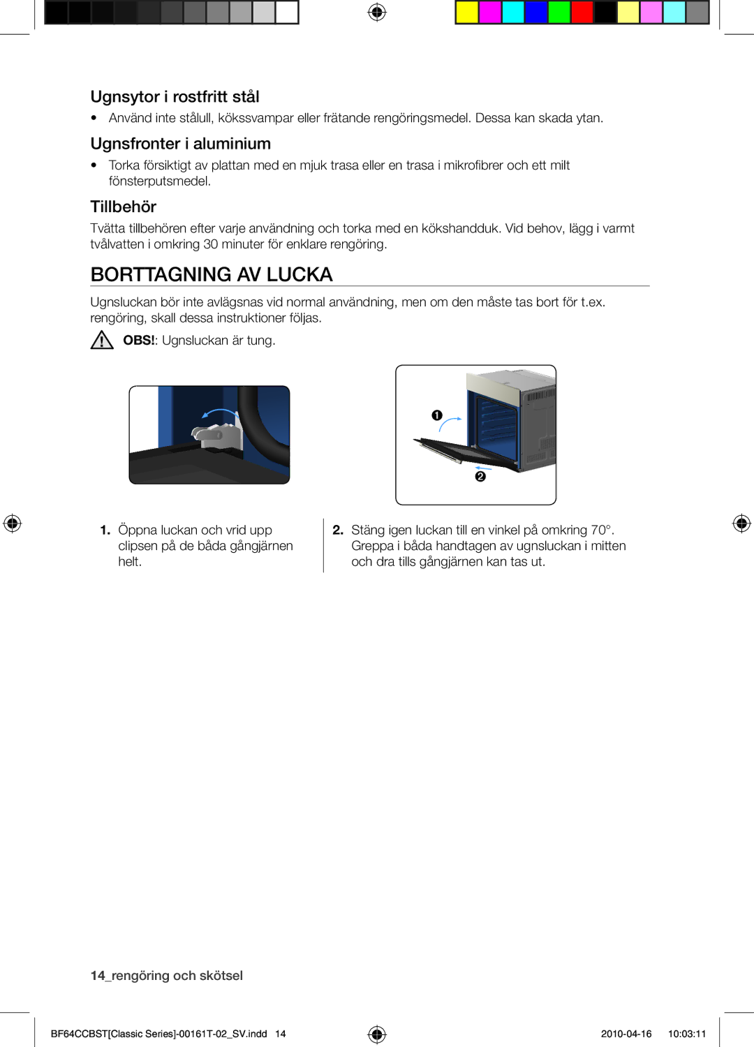 Samsung BF64CCBW/XEE manual Borttagning av lucka, Ugnsytor i rostfritt stål, Ugnsfronter i aluminium, Tillbehör 