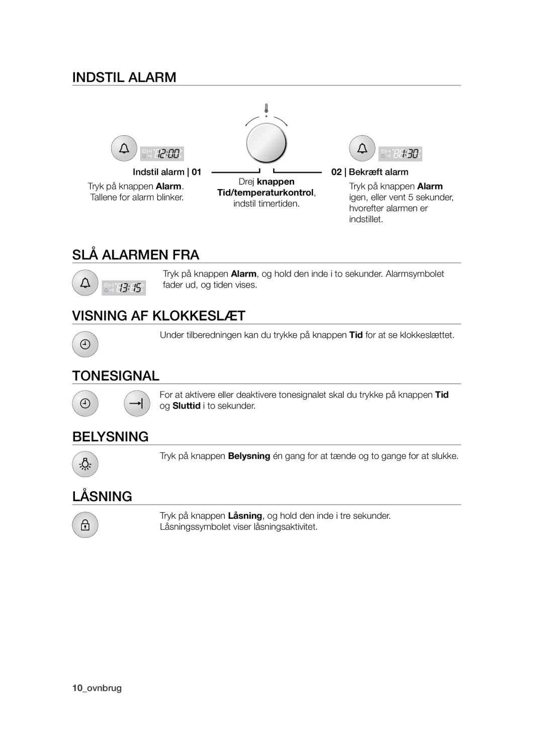 Samsung BF64CCBW/XEE manual Indstil alarm, Slå alarmen fra, Visning af klokkeslæt, Tonesignal, Belysning, Låsning 