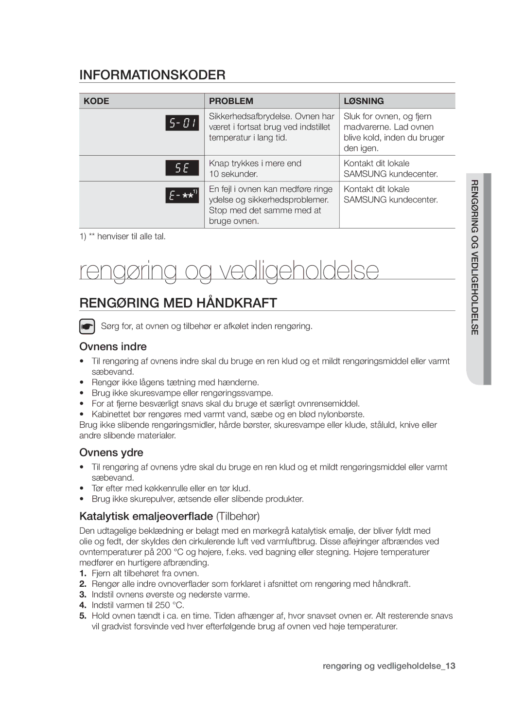 Samsung BF64CCBW/XEE manual Rengøring og vedligeholdelse, Informationskoder, Rengøring med håndkraft 