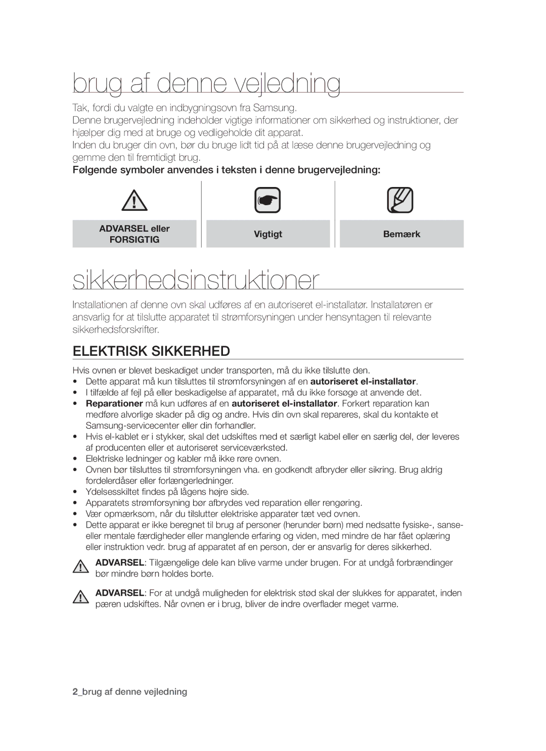 Samsung BF64CCBW/XEE manual Brug af denne vejledning, Sikkerhedsinstruktioner, Elektrisk sikkerhed, Vigtigt Bemærk 