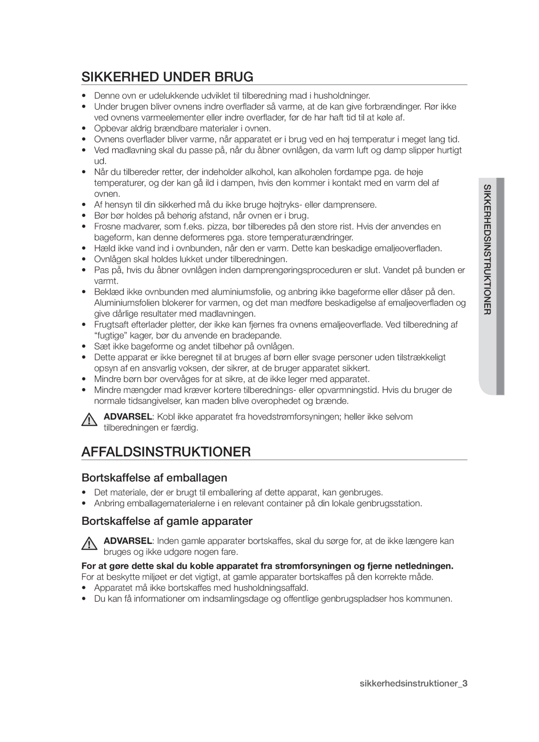 Samsung BF64CCBW/XEE manual Sikkerhed under brug, Affaldsinstruktioner, Bortskaffelse af emballagen 