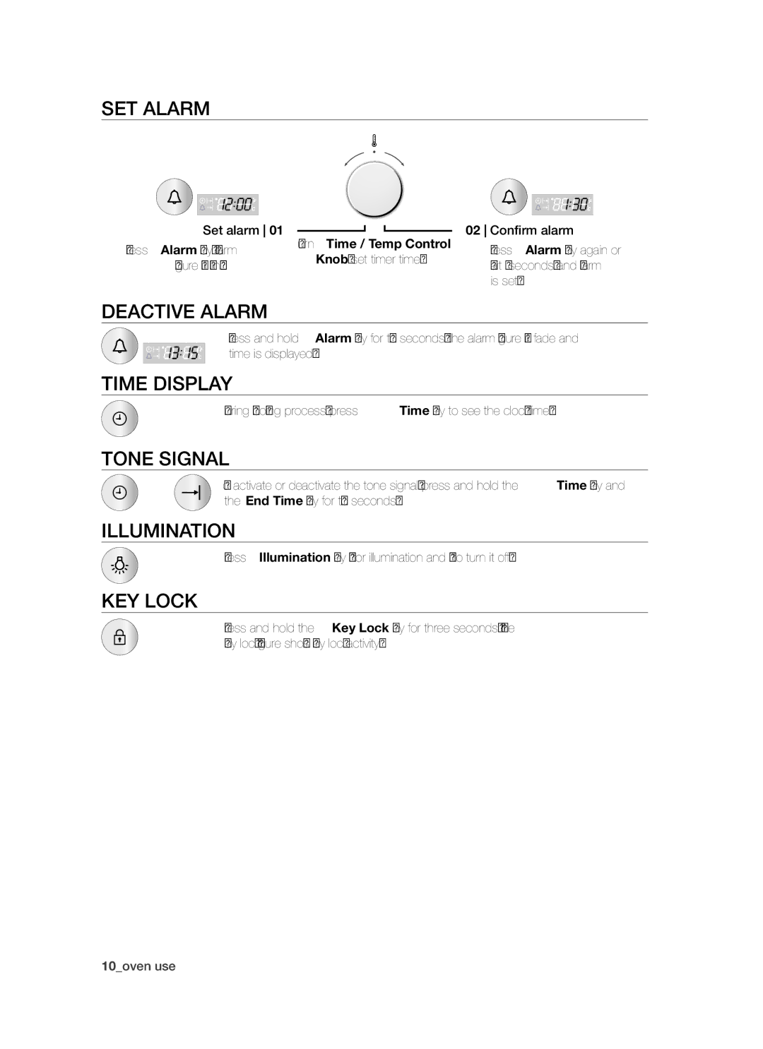 Samsung BF64CCBW/XEE manual Set alarm, Deactive alarm, Time display, Tone signal, Illumination, Key lock 