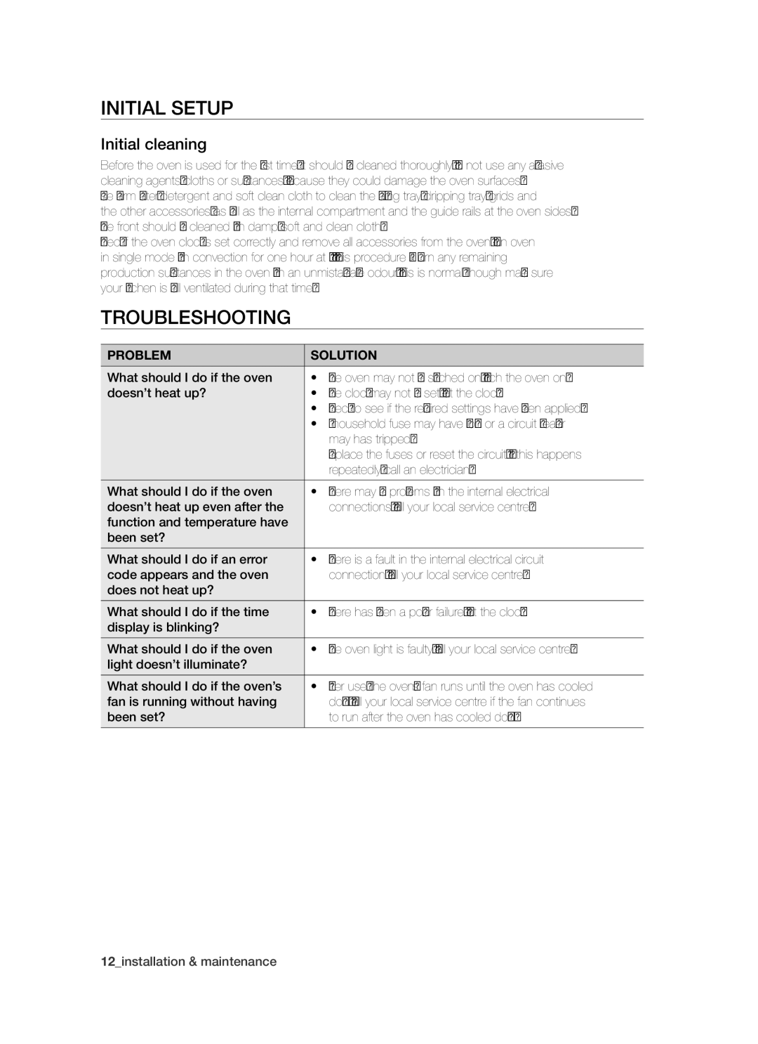 Samsung BF64CCBW/XEE manual Initial setup, Troubleshooting, Initial cleaning 