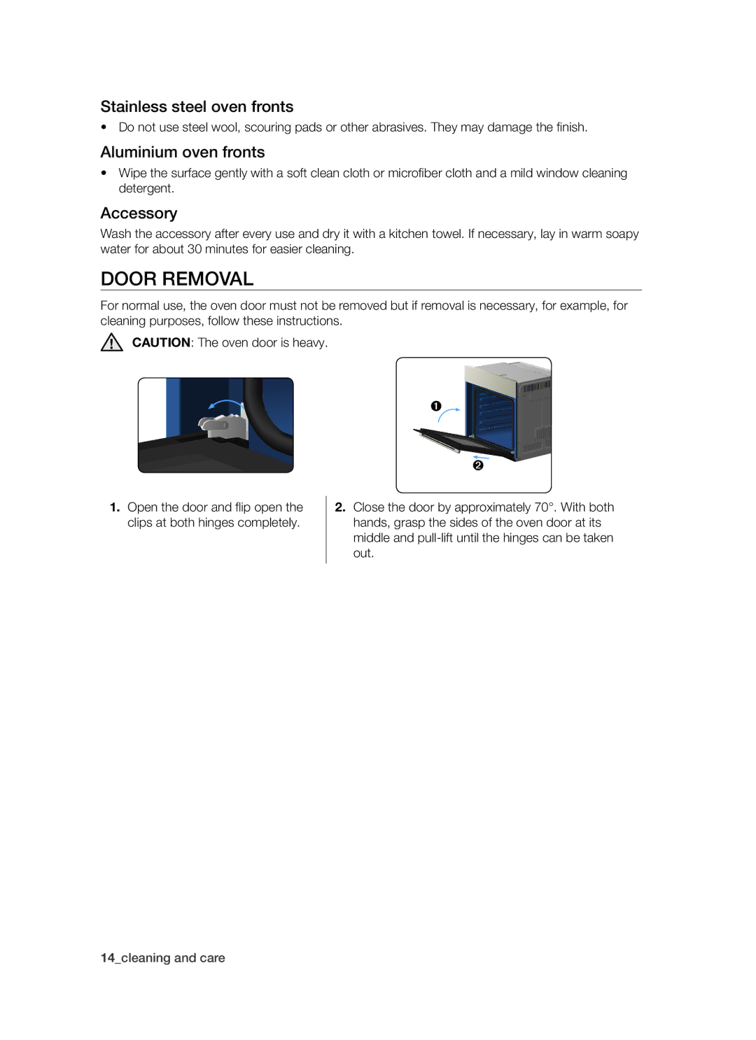 Samsung BF64CCBW/XEE manual Door Removal, Stainless steel oven fronts, Aluminium oven fronts, Accessory 