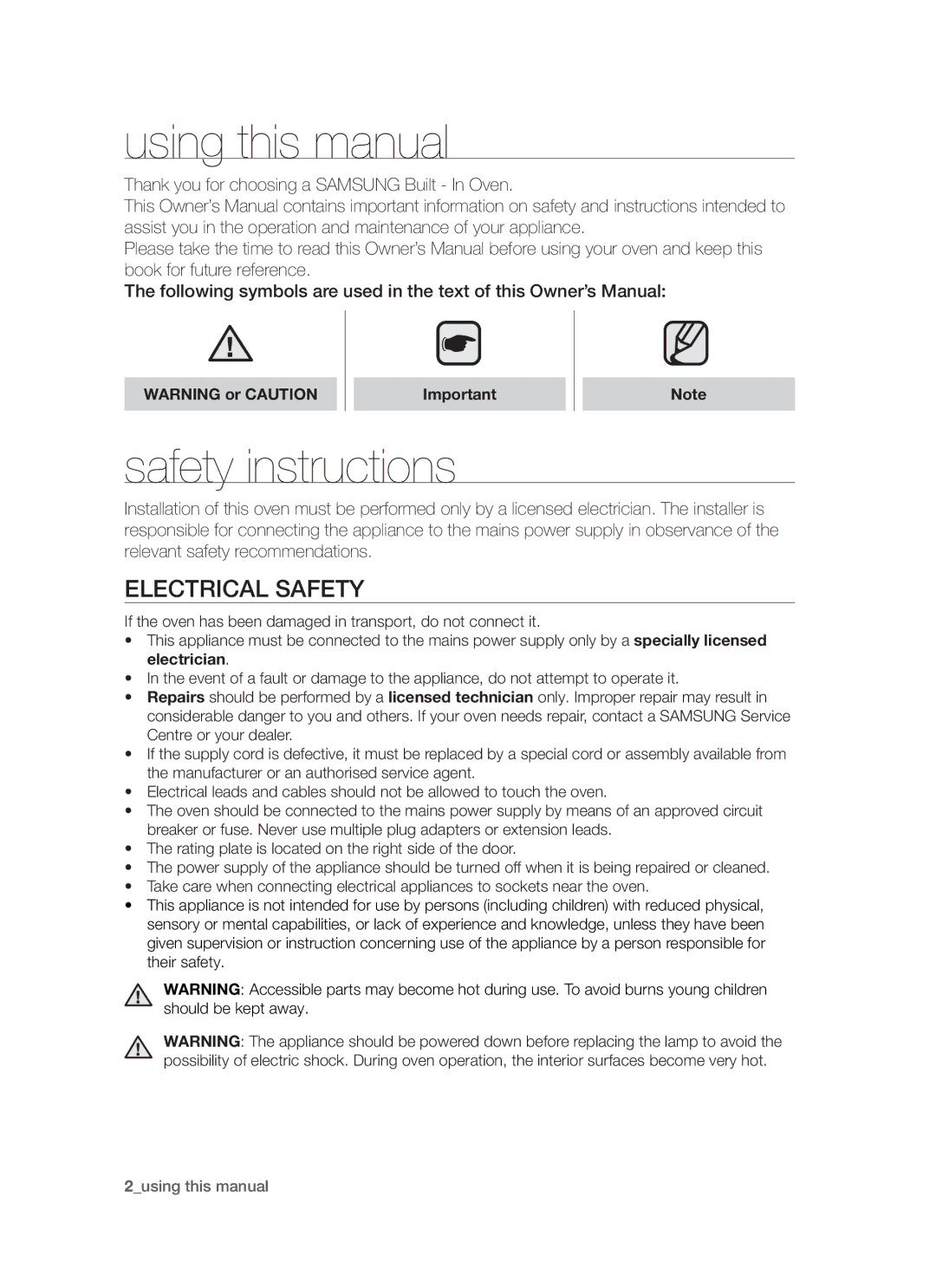 Samsung BF64CCBW/XEE Using this manual, Safety instructions, Electrical safety 