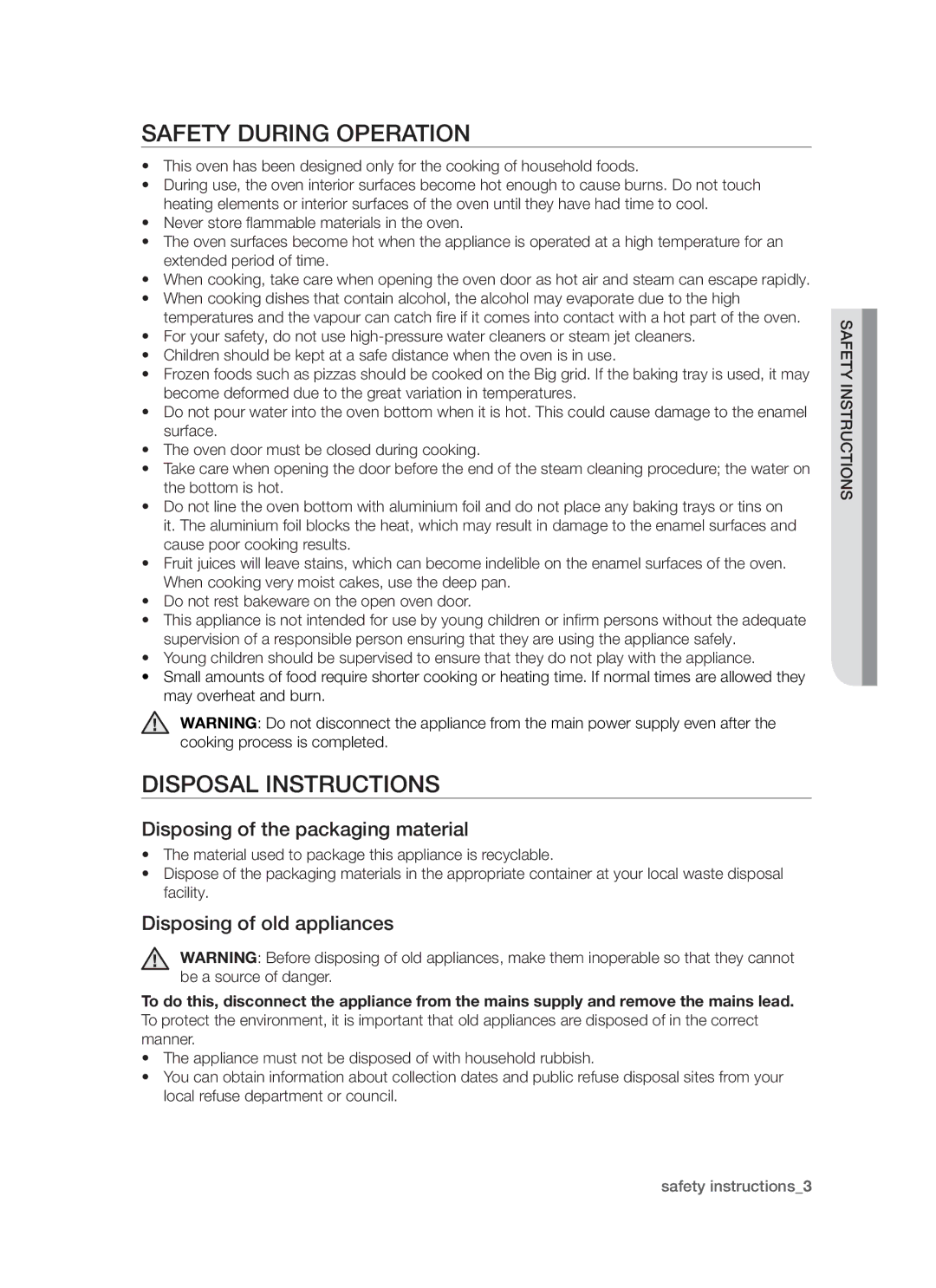 Samsung BF64CCBW/XEE manual Safety during operation, Disposal Instructions, Disposing of the packaging material 