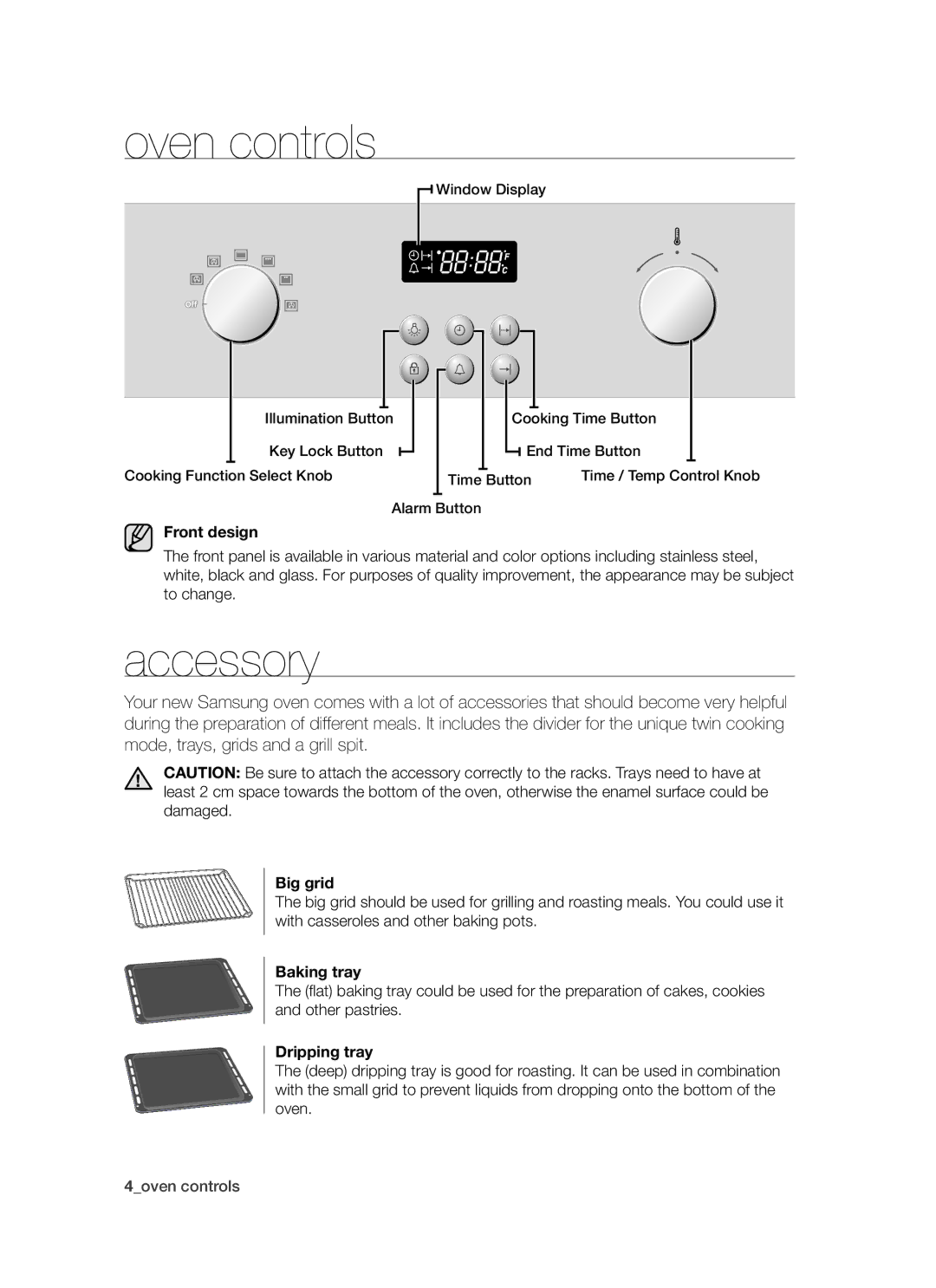 Samsung BF64CCBW/XEE manual Oven controls, Accessory 