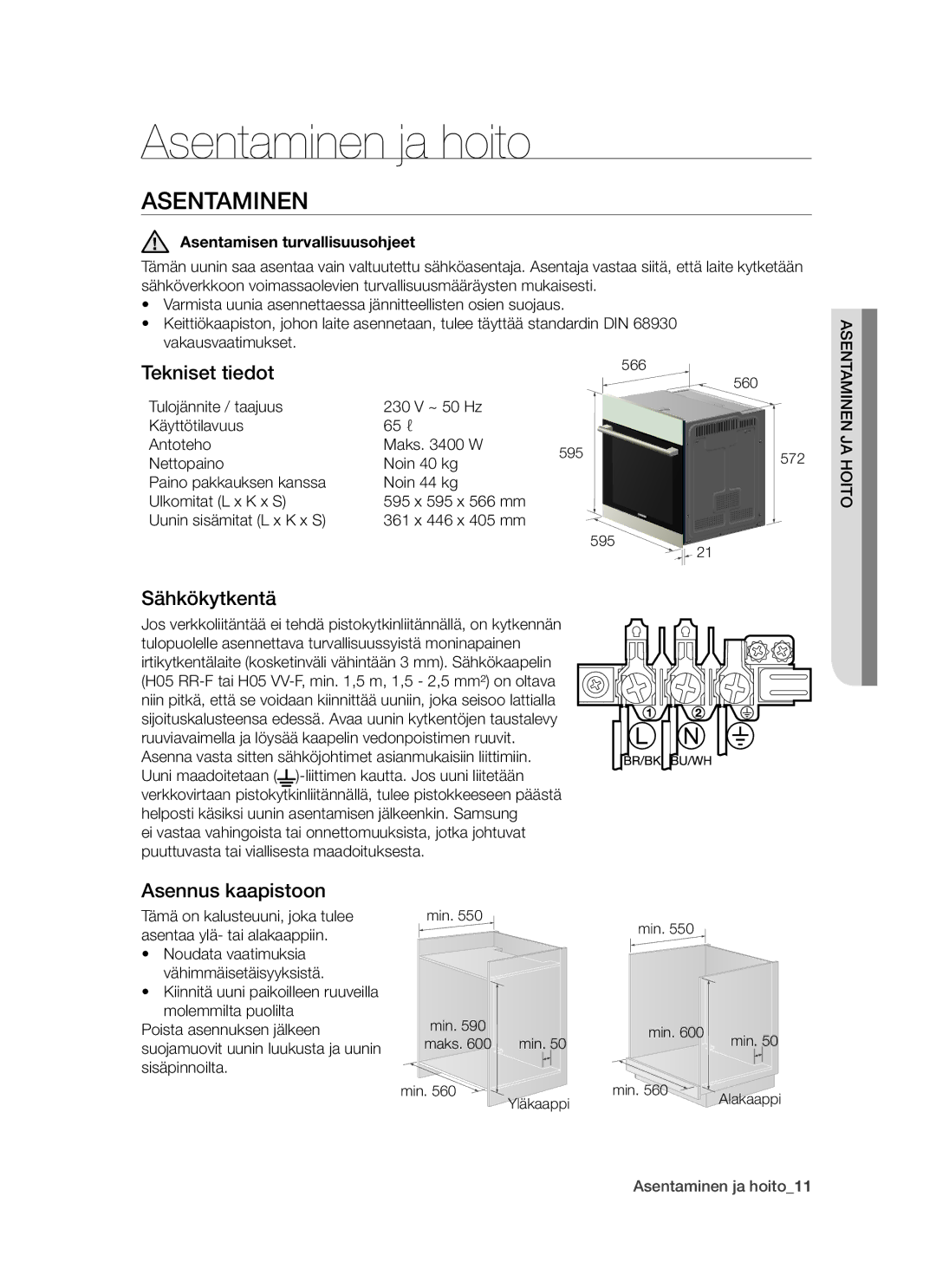 Samsung BF64CCBW/XEE manual Asentaminen ja hoito, Tekniset tiedot, Sähkökytkentä, Asennus kaapistoon 