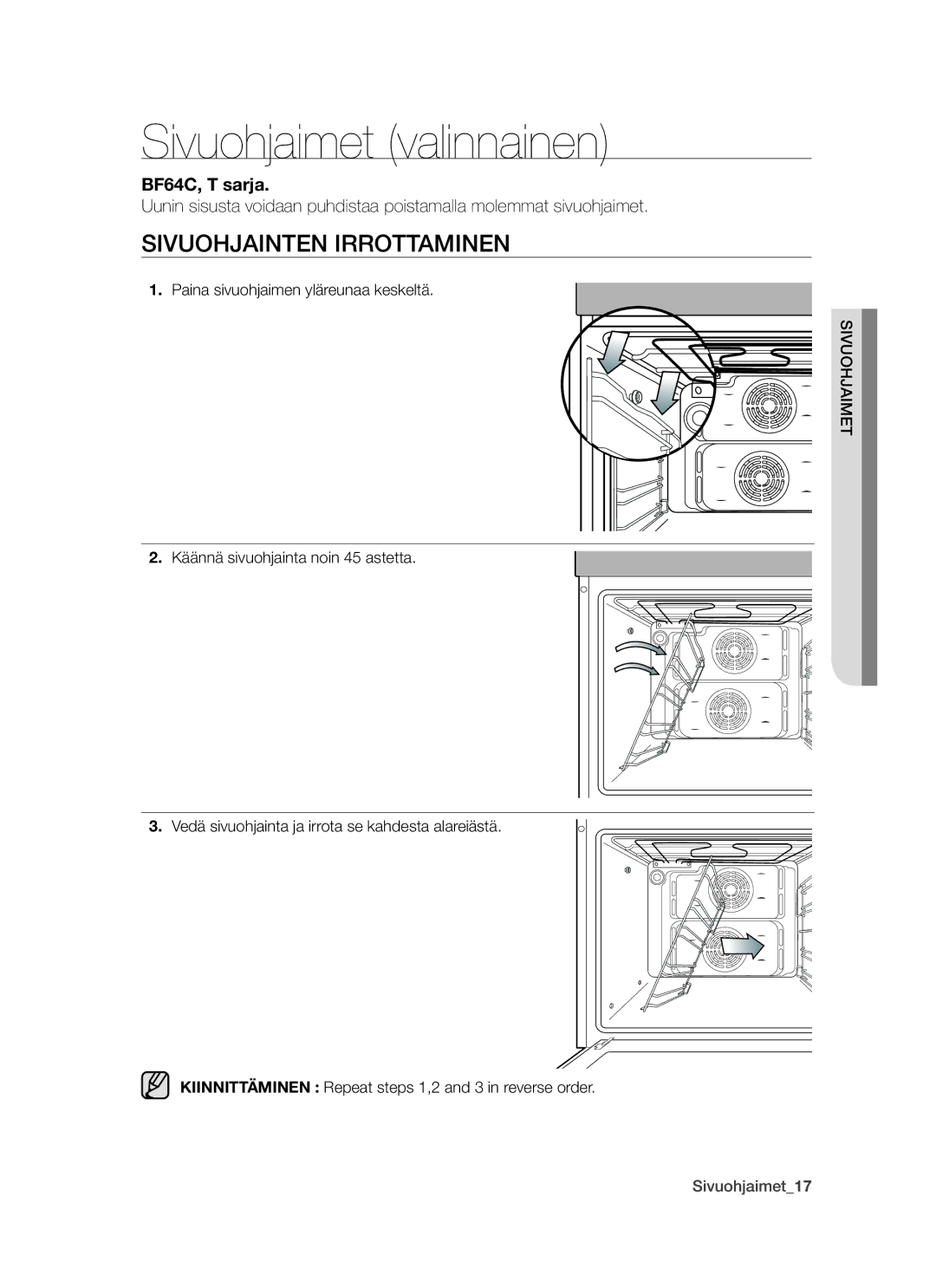 Samsung BF64CCBW/XEE manual Sivuohjaimet valinnainen, Sivuohjainten irrottaminen 