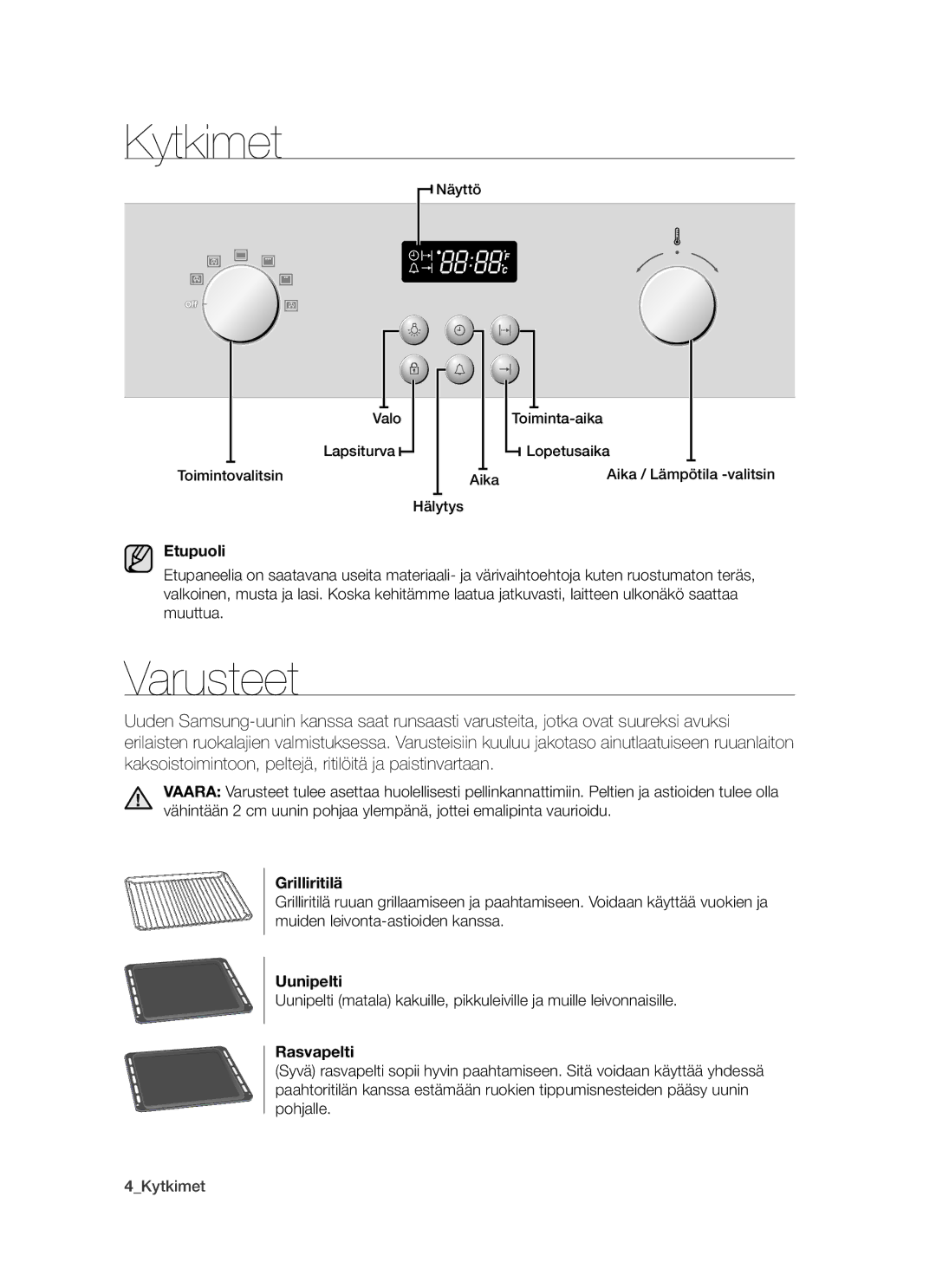 Samsung BF64CCBW/XEE manual Kytkimet, Varusteet 