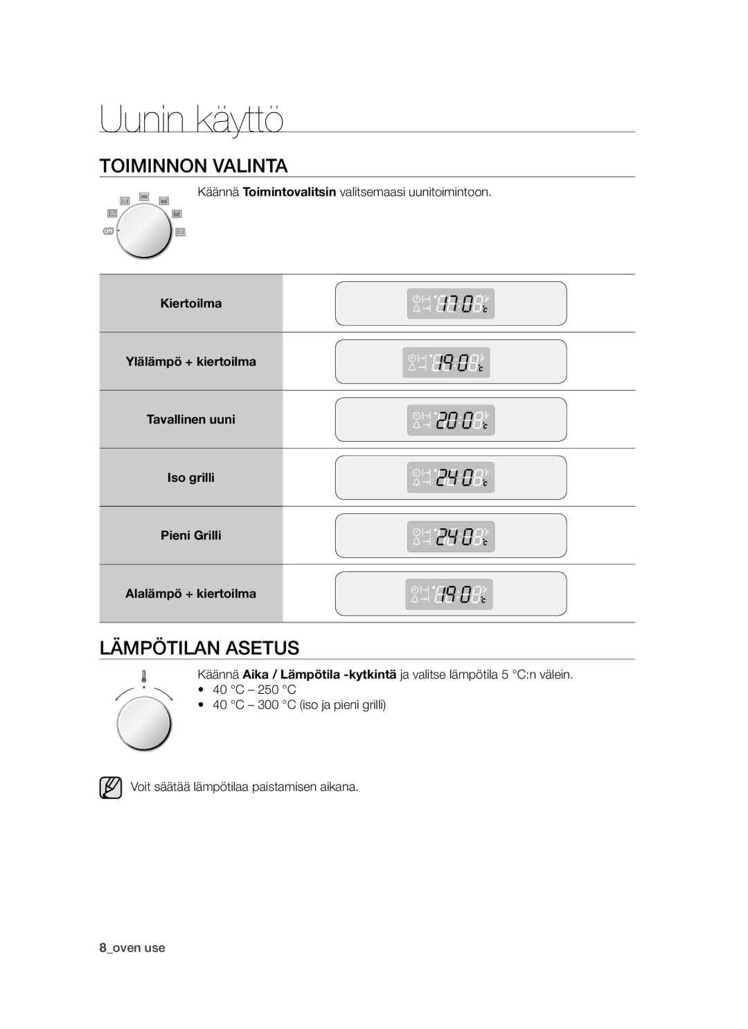 Samsung BF64CCBW/XEE manual Uunin käyttö, Toiminnon valinta, Lämpötilan asetus 