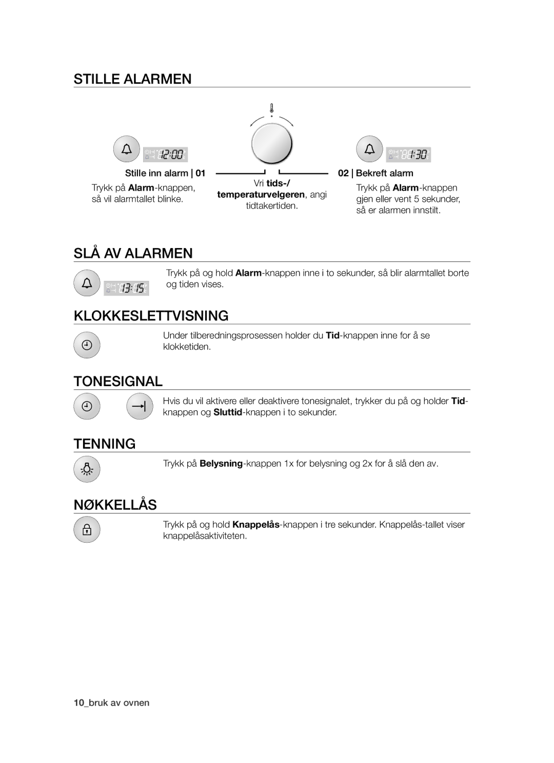 Samsung BF64CCBW/XEE manual Stille alarmen, Slå av alarmen, Klokkeslettvisning, Tonesignal, Tenning, Nøkkellås 