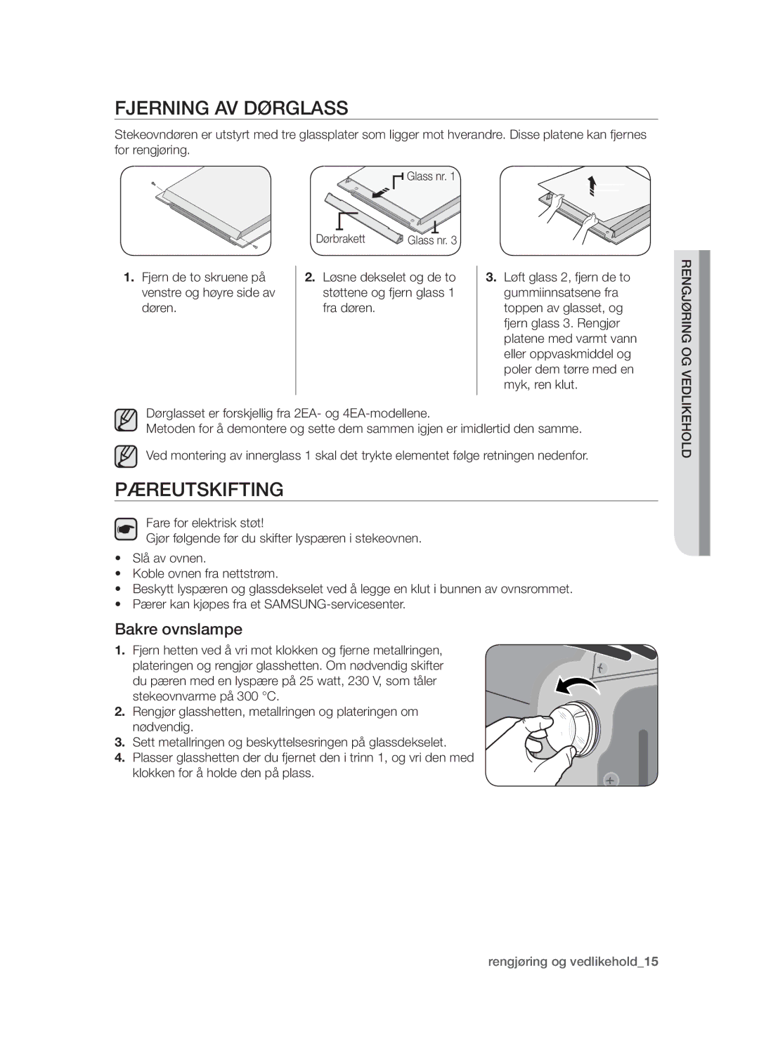 Samsung BF64CCBW/XEE manual Fjerning av dørglass, Pæreutskifting, Bakre ovnslampe 