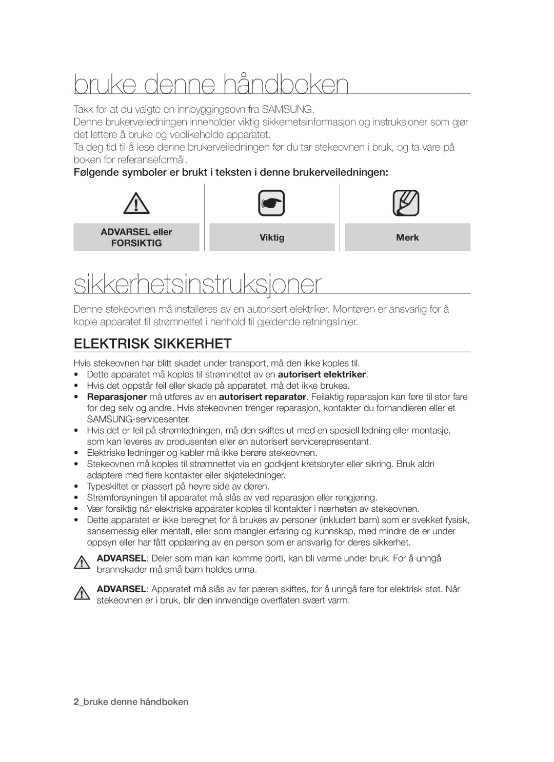 Samsung BF64CCBW/XEE manual Bruke denne håndboken, Sikkerhetsinstruksjoner, Elektrisk sikkerhet, Viktig Merk 