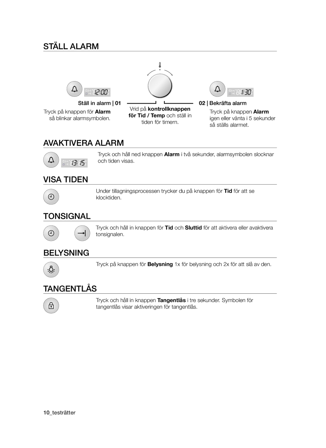 Samsung BF64CCBW/XEE manual Ställ alarm, Avaktivera alarm, Visa tiden, Tonsignal, Belysning, Tangentlås 