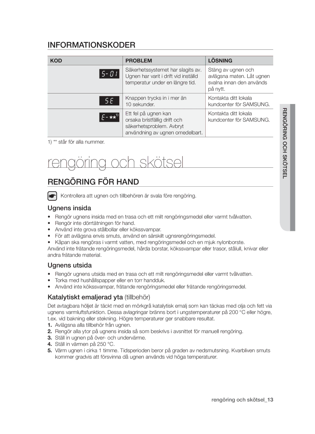 Samsung BF64CCBW/XEE manual Rengöring och skötsel, Informationskoder, Rengöring för hand 