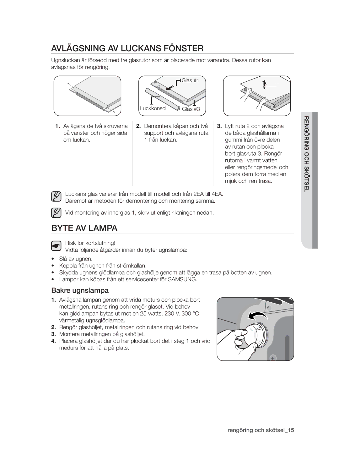 Samsung BF64CCBW/XEE manual Avlägsning av luckans fönster, Byte av lampa, Bakre ugnslampa, Hcsköts 