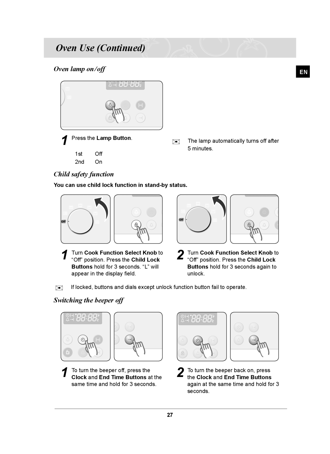 Samsung BF64CCST/SLI manual Oven lamp on/off, Child safety function, Switching the beeper off 