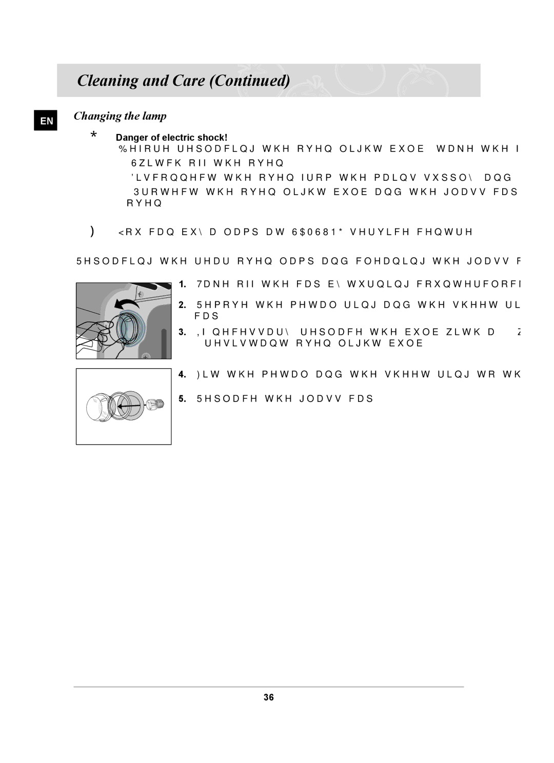 Samsung BF64CCST/SLI manual Changing the lamp,  Danger of electric shock 