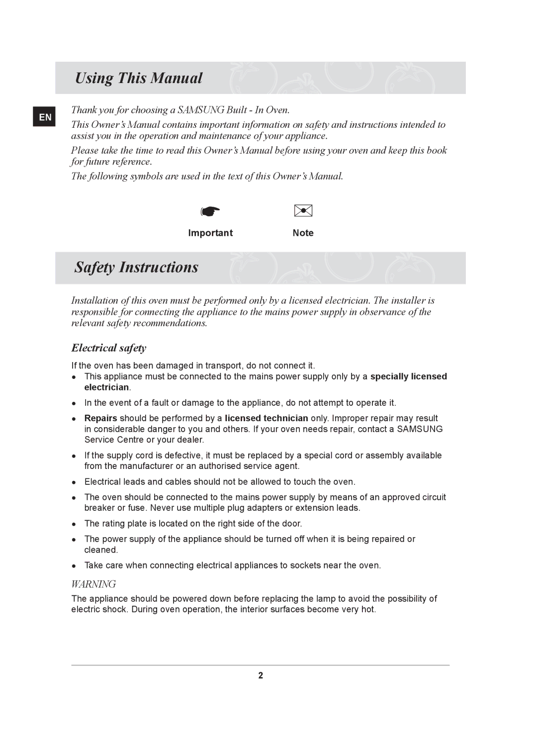 Samsung BF64CCST/SLI manual Using This Manual, Safety Instructions, Electrical safety, ImportantNote 