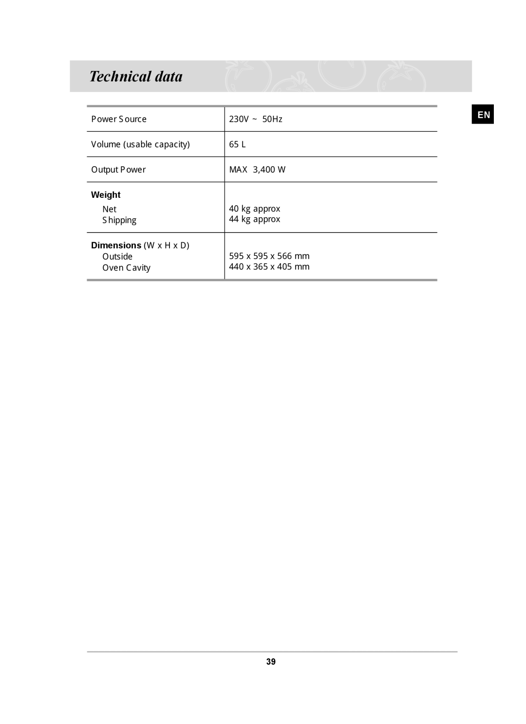 Samsung BF64CCST/SLI manual Technical data, Weight, Dimensions W x H x D 