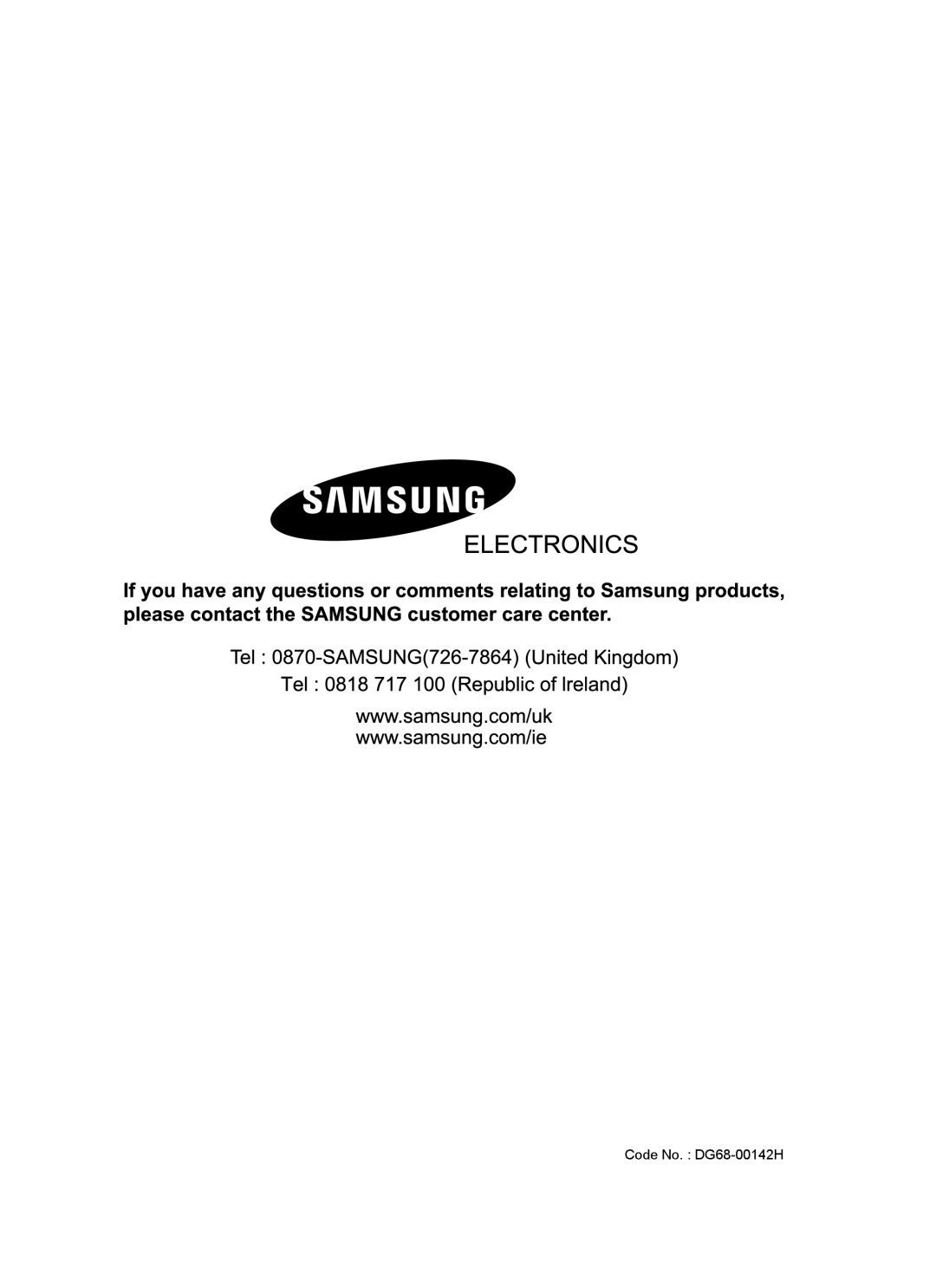 Samsung BF64CCST/SLI manual Code No. DG68-00142H 