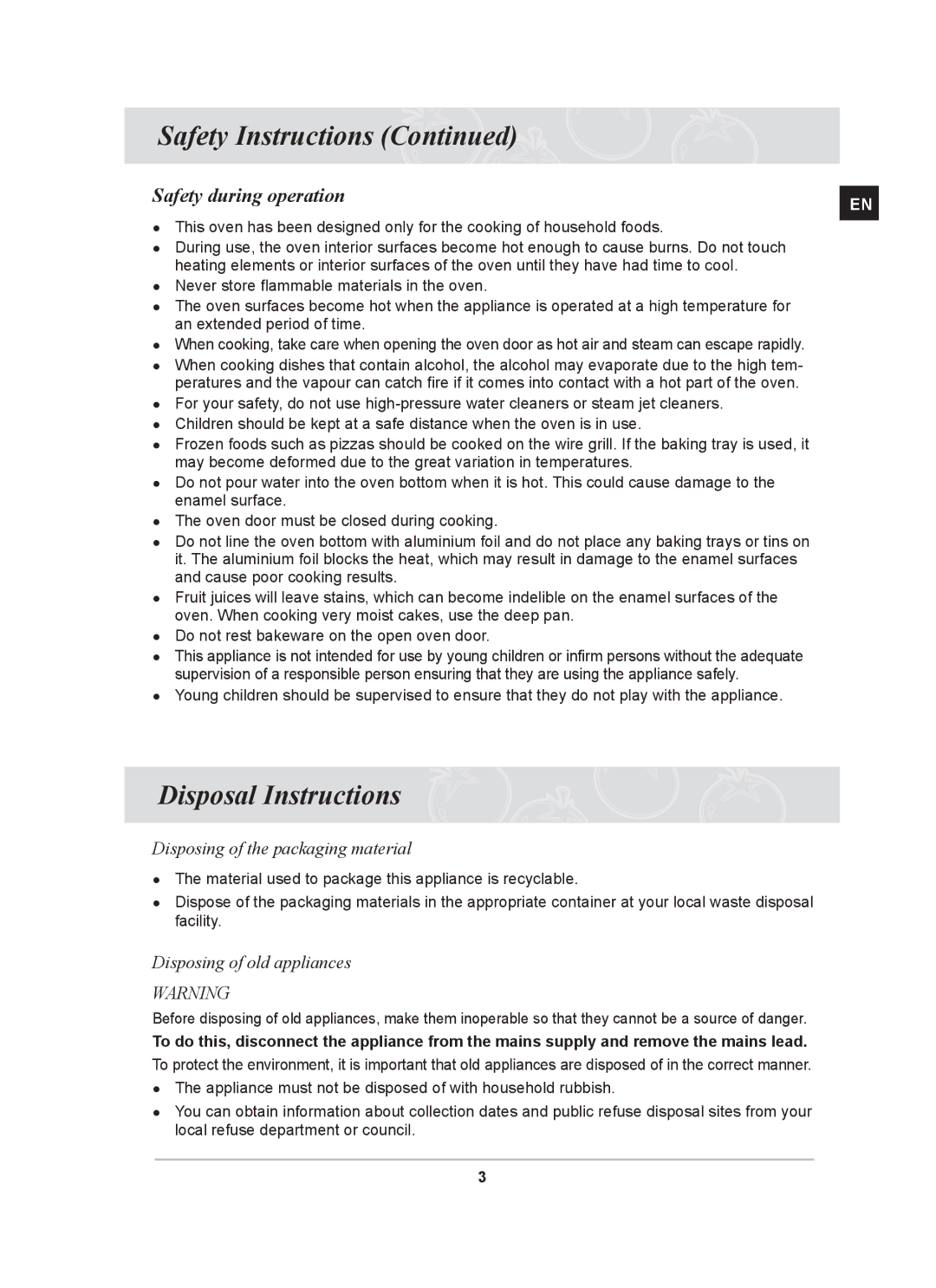 Samsung BF64CCST/SLI manual Disposal Instructions, Safety during operation 