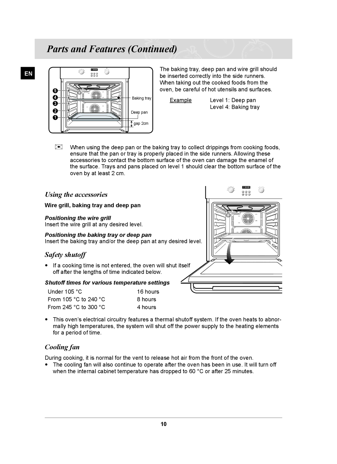 Samsung BF64FCB/BOL manual Using the accessories, Safety shutoff, Cooling fan 