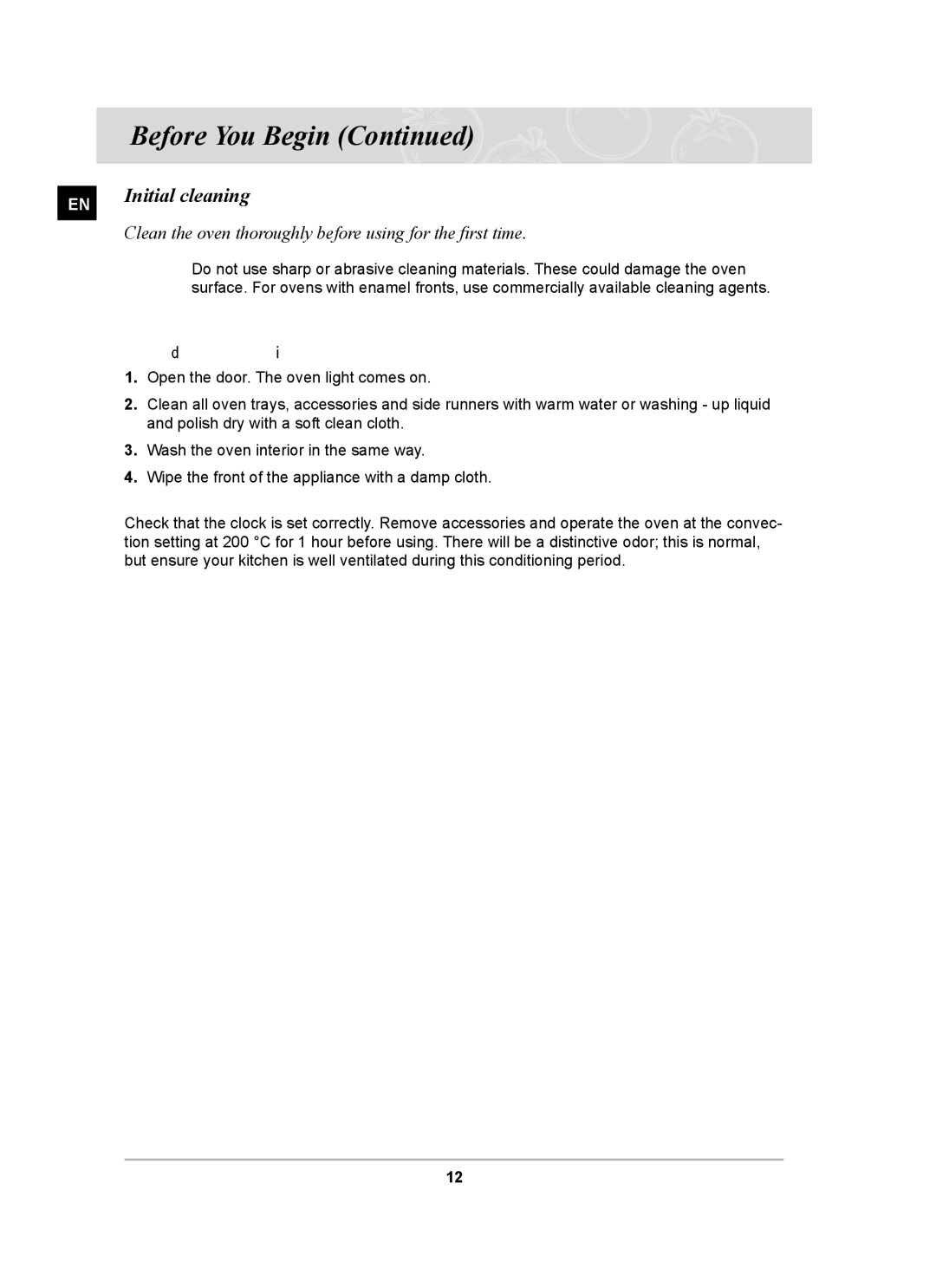 Samsung BF64FCB/BOL manual Initial cleaning, To clean the oven 