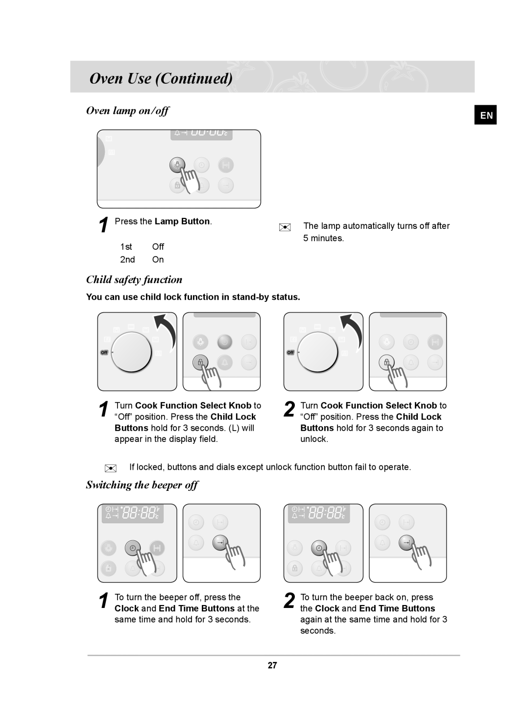 Samsung BF64FCB/BOL manual Oven lamp on/off, Child safety function, Switching the beeper off 
