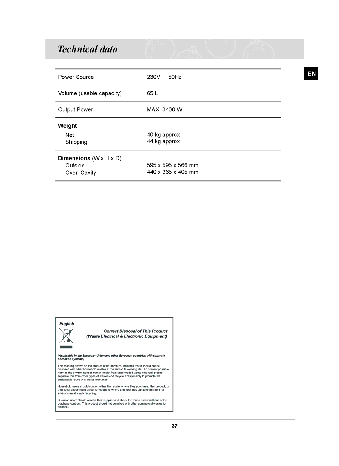 Samsung BF64FCB/BOL manual Technical data, Weight, Dimensions W x H x D 