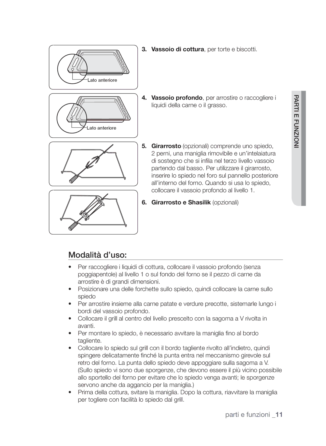 Samsung BF66CDSTL/XET Modalità d’uso, Vassoio di cottura, per torte e biscotti, Girarrosto opzionali comprende uno spiedo 