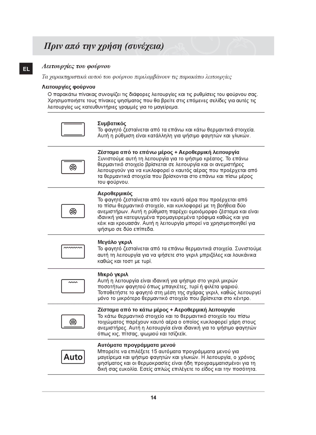 Samsung BF66TDST/ELE manual Λειτουργίες του φούρνου 