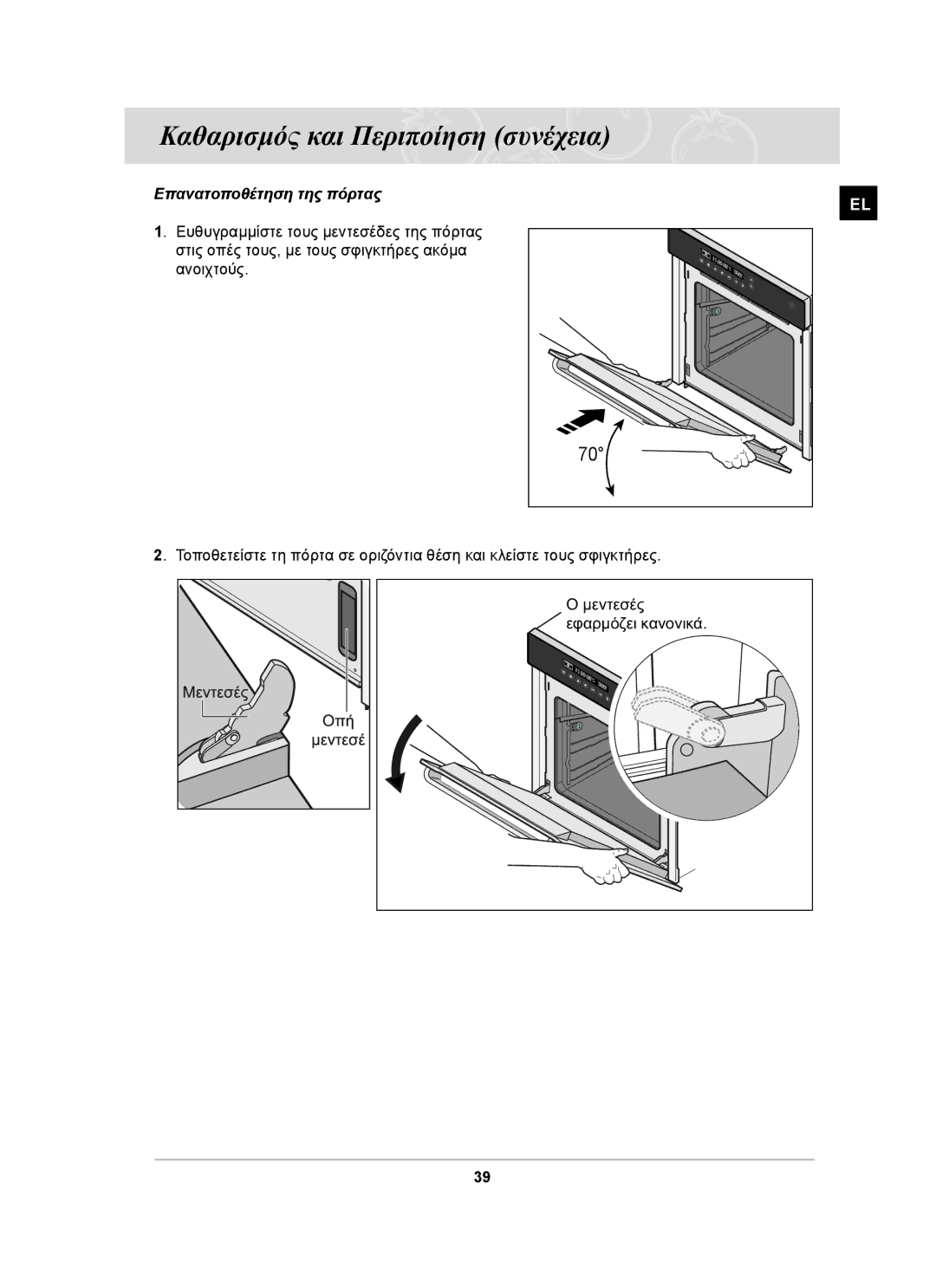 Samsung BF66TDST/ELE manual Επανατοποθέτηση της πόρτας 