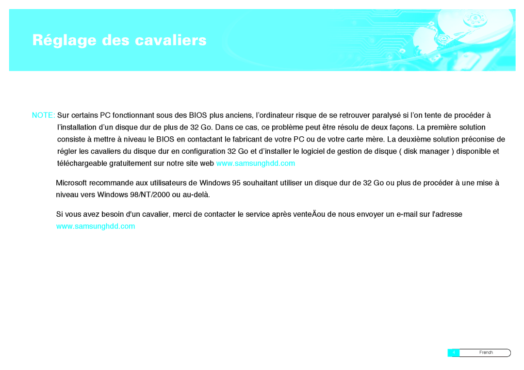 Samsung BF68-00160B manual Réglage des cavaliers 