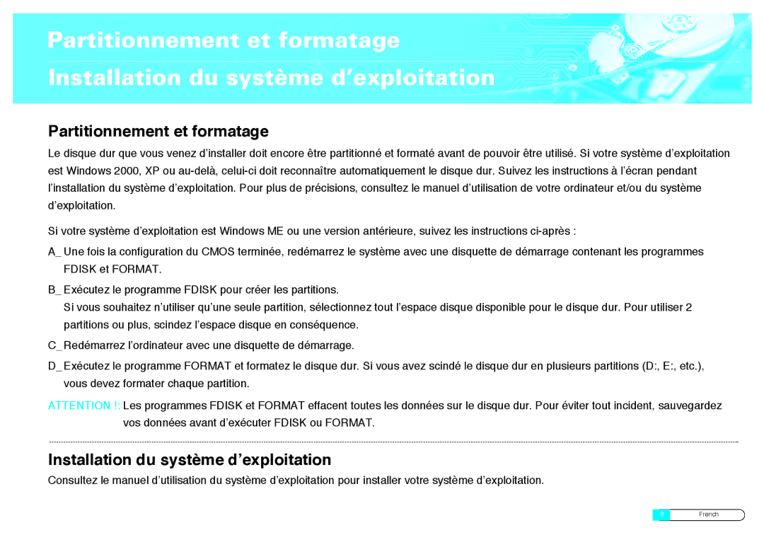 Samsung BF68-00160B manual Partitionnement et formatage, Installation du système d’exploitation 