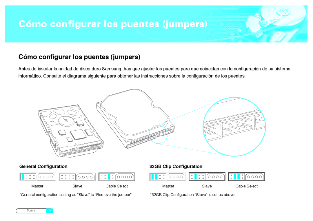 Samsung BF68-00160B manual Cómo configurar los puentes jumpers 