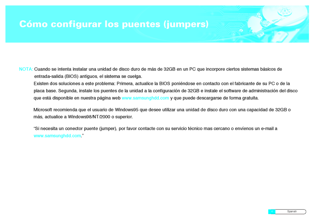 Samsung BF68-00160B manual Cómo configurar los puentes jumpers 