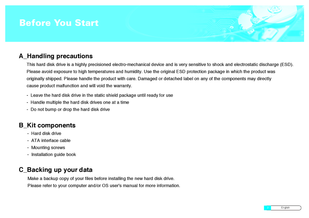 Samsung BF68-00160B manual Before You Start, AHandling precautions, BKit components, CBacking up your data 