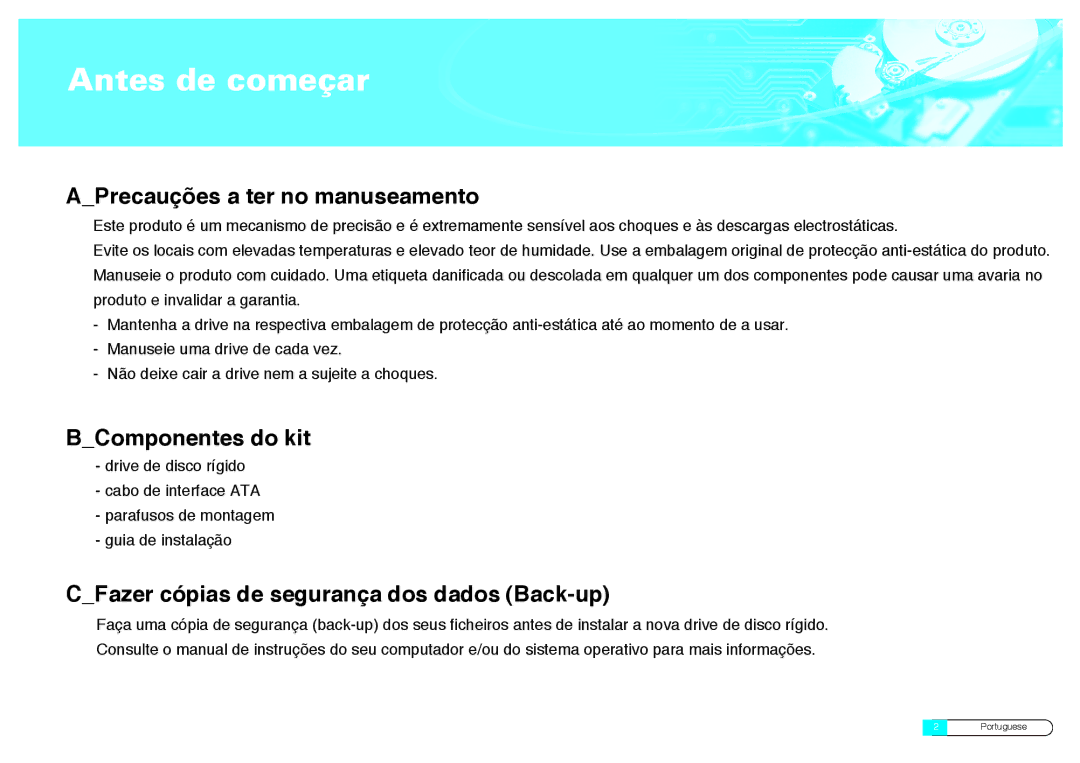 Samsung BF68-00160B manual Antes de começar, APrecauções a ter no manuseamento, BComponentes do kit 