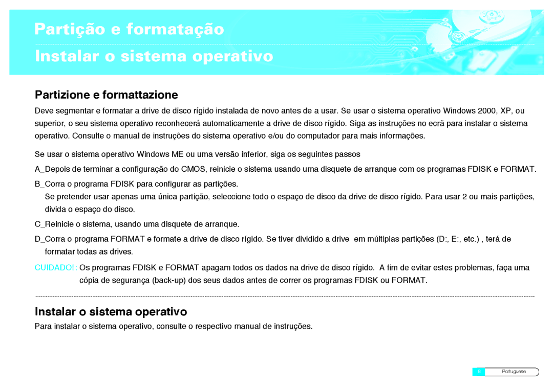 Samsung BF68-00160B manual Partição e formatação Instalar o sistema operativo 